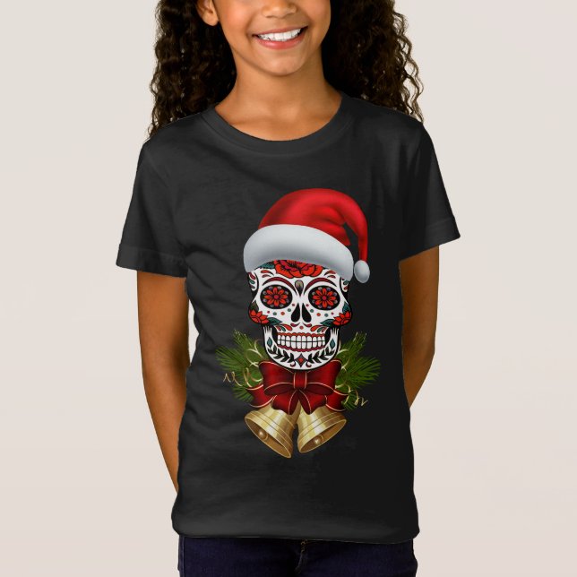Camiseta Dia de Natal Do Chapéu De Natal Do Crânio Do Açúca (Frente)