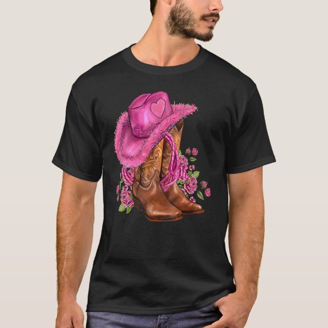 Camiseta Dia de os namorados Boots Cowgirl Hat E Rosa Weste (Frente)