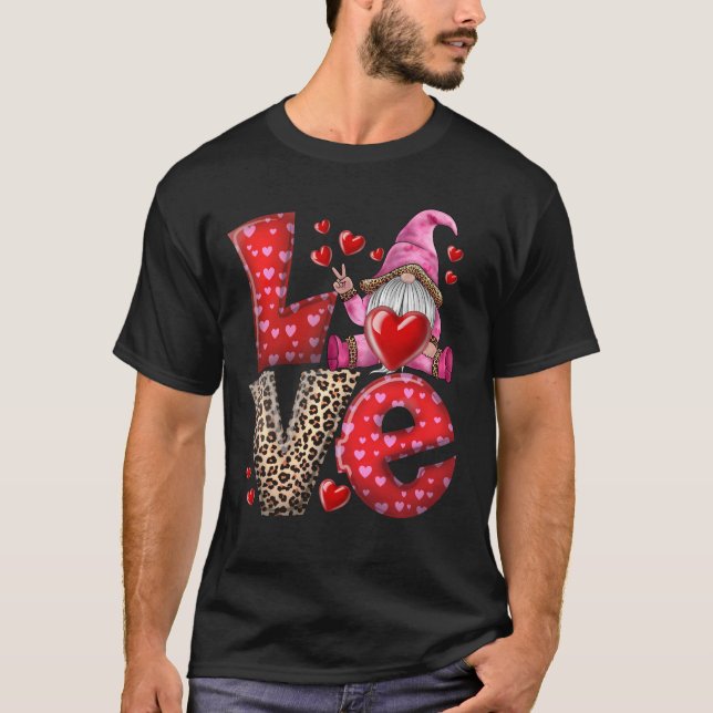 Camiseta Dia de os namorados Cute Love Heart Gnome Leopard (Frente)