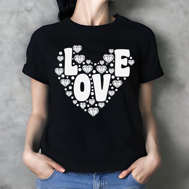 Camiseta Dia de os namorados de Retro Diamond Heart Black W (Criador carregado)