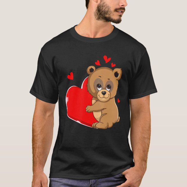 Camiseta Dia de os namorados De Urso Bonito Segurando Meu V (Frente)