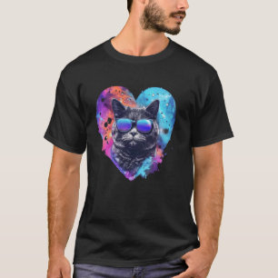 Camiseta Dia de os namorados Óculos de sol coloridos Gato b