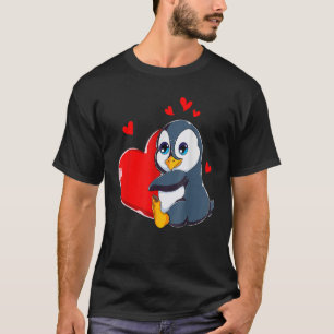 Camiseta Dia de os namorados Pinguim Bonito Segurando Meu C