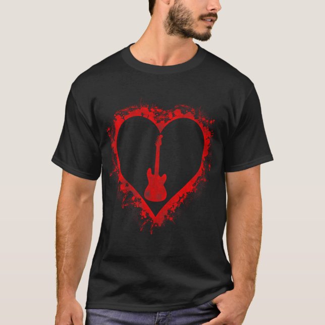 Camiseta Dia de os namorados Red Heart Guitar Amantes Músic (Frente)
