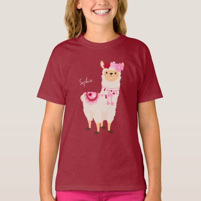 Camiseta Dia de os namorados Rosa bonito Llama Little Girl  (Frente)