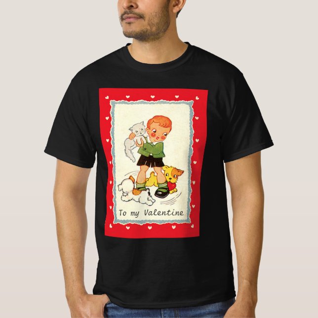 Camiseta Dia de os namorados vitoriano, gato e cão (Frente)