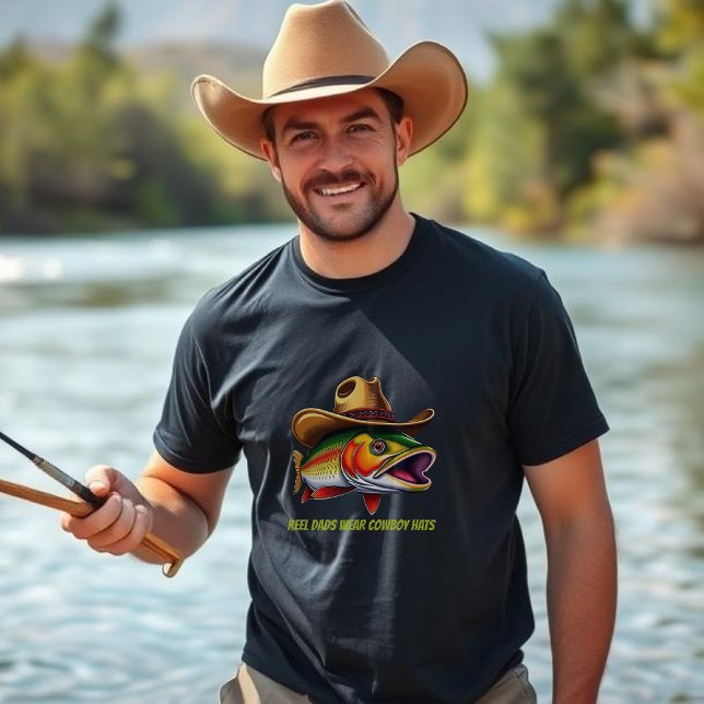 Camiseta Dia de os pais Engraçado Peixe Vestindo um Chapéu  (Funny T shirt for Men Father's Day T shirt Trout wearing a cowboy hat Fisherman Core cowboy fishing)