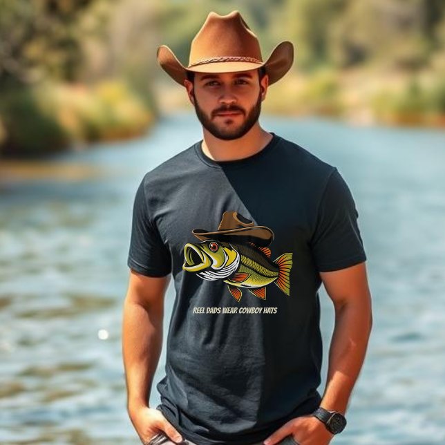 Camiseta Dia de os pais Engraçado Peixe vestindo um Chapéu  (Bass Fish Reel Dads wear Cowboy hats Funny Fathers Day t shirt
)