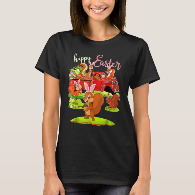 Camiseta Dia de Páscoa de Esquilo Andando Caminhão Vermelho (Frente)