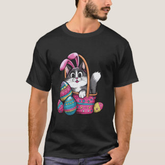 Camiseta Dia de Páscoa Divertido Gato Fofo Orelhas de Coelh