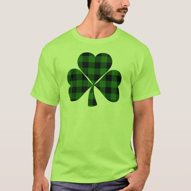 Camiseta Dia de Patrick, xadrez verde irlandesa shamrock T- (Frente)