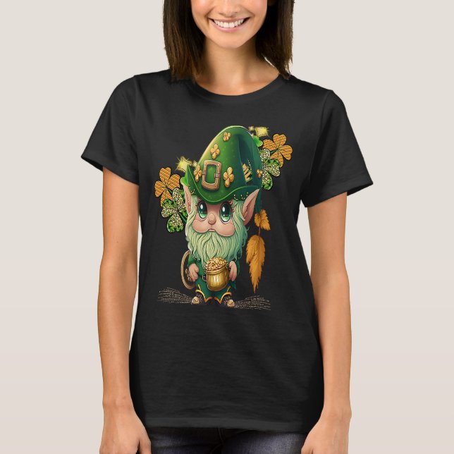 Camiseta Dia de São Patrício Adorável Chibi Gnomo Em Um Cut (Frente)