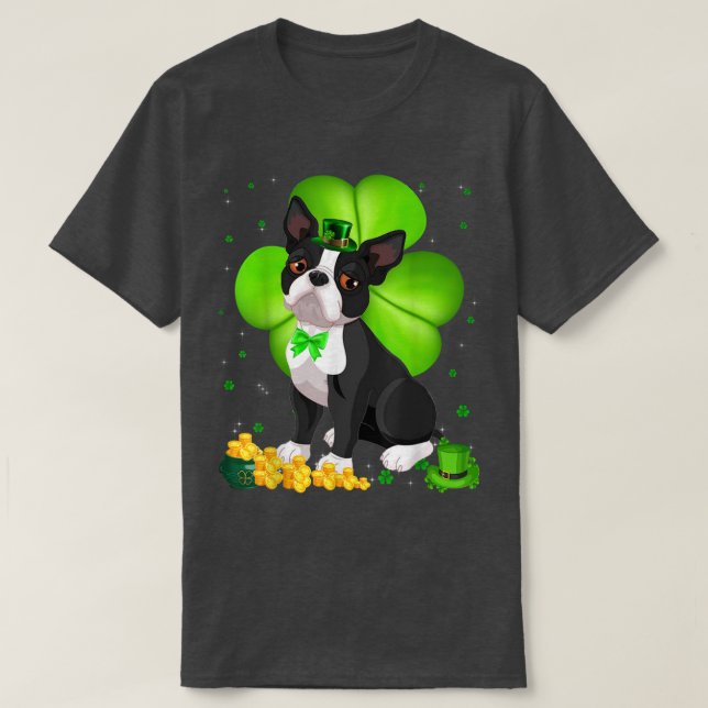 Camiseta Dia de São Patrício Boston Terrier Shamrock Pet Lo (Frente do Design)