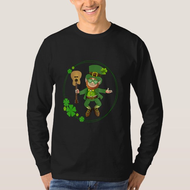 Camiseta Dia de São Patrício De Guitarra Leprechaun. Jogado (Frente)