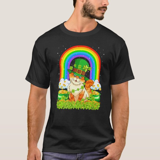 Camiseta Dia de São Patrício Gato Arco-Íris Leprechaun (Frente)