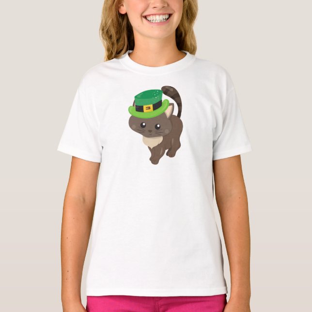 Camiseta Dia de São Patrício, Gato Marrom, Chapéu Leprechau (Frente)