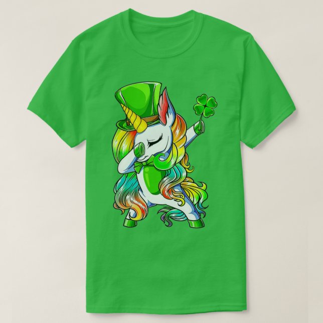 Camiseta Dia de São Patrício Girls Dabbing Unicorn Leprecha (Frente do Design)