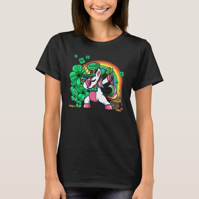 Camiseta Dia de São Patrício Girls Dabbing Unicorn Leprecha (Frente)