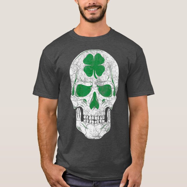 Camiseta Dia de São Patrício Green Shamrock Skull Irish Gif (Frente)