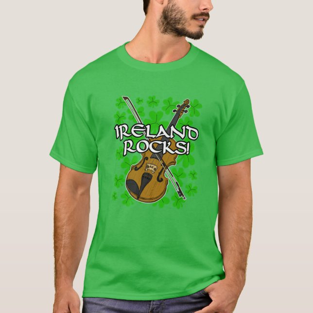 Camiseta Dia de São Patrício Ireland Rocks Irish Fiddle Vio (Frente)