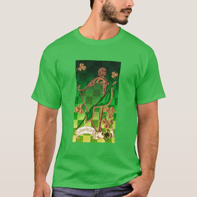 CAMISETA DIA DE SÃO PATRÍCIO IRLANDÊS HARP, VERDE DOURADO S (Frente)