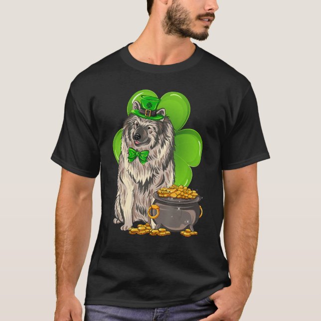 Camiseta Dia de São Patrício Keeshond Shamrock Pet Dog (Frente)