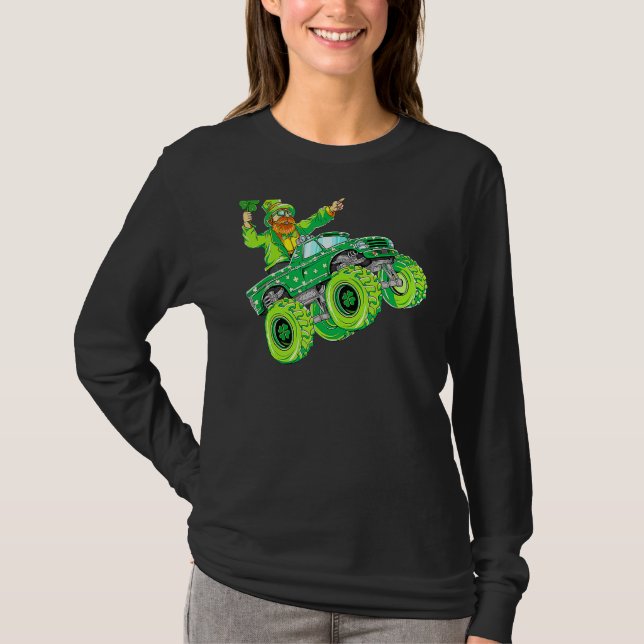 Camiseta Dia de São Patrício Leprechaun Monster Truck Lucky (Frente)
