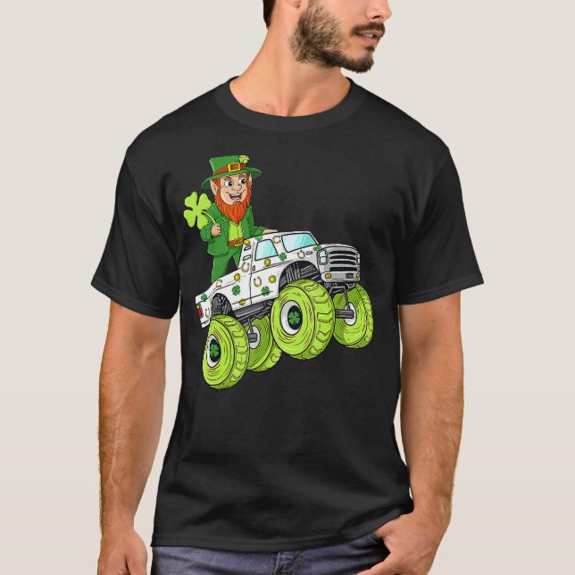 Camiseta Dia de São Patrício Leprechaun Monster Truck Lucky (Frente)