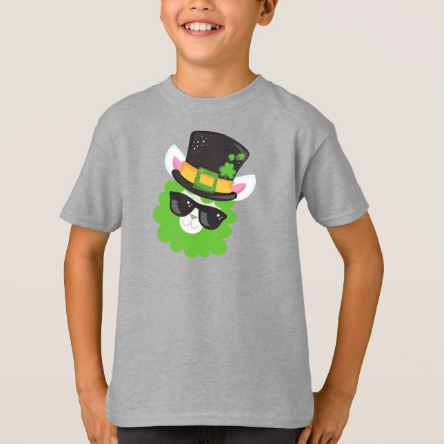 Camiseta Dia de São Patrício, Llama, Alpaca, Chapéu Leprech (Frente)