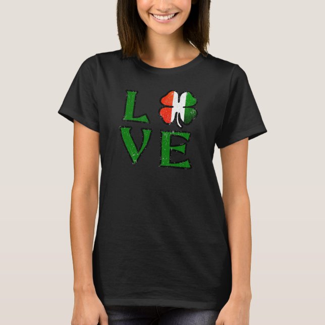 Camiseta Dia de São Patrício Love Four Leaf Clover Irish Fl (Frente)