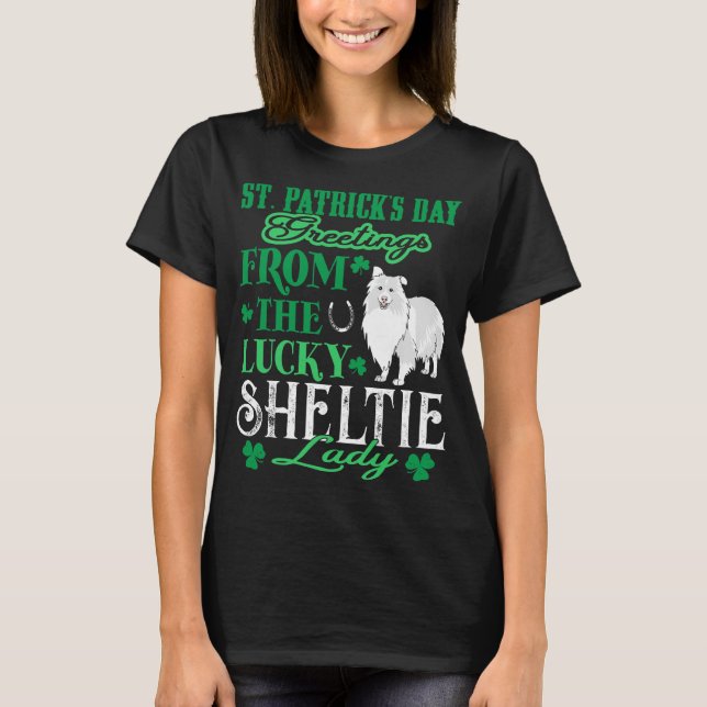 Camiseta Dia de São Patrício Saudações Feliz Sheltie Lady (Frente)