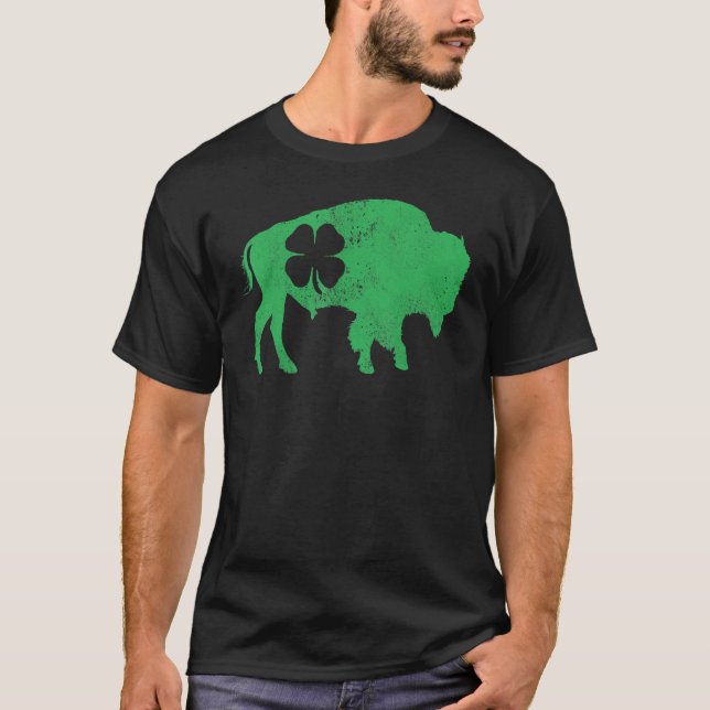 Camiseta Dia de São Patrício Verde Shamrock Buffalo Bison I (Frente)