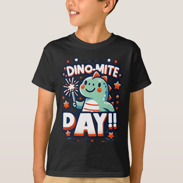 Camiseta Dia Dino-Mite das Crianças - Dinossauro Festivo e  (Frente)