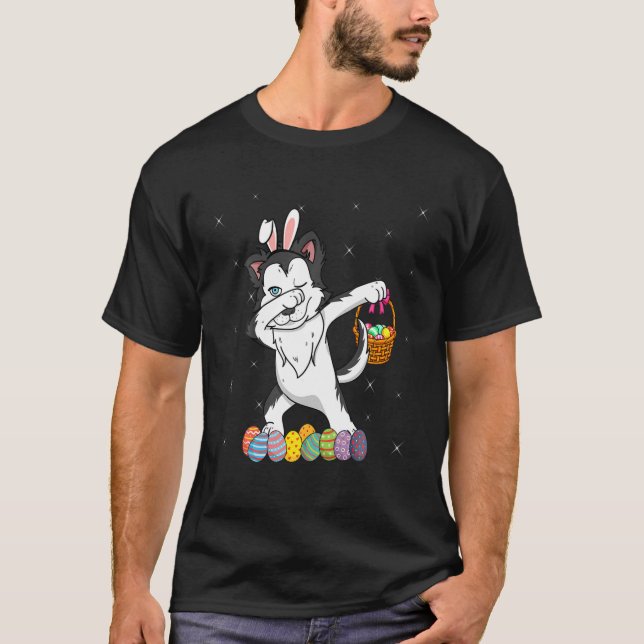Camiseta Dia do Felz pascoa de Cachorro Bunny Siberian Husk (Frente)