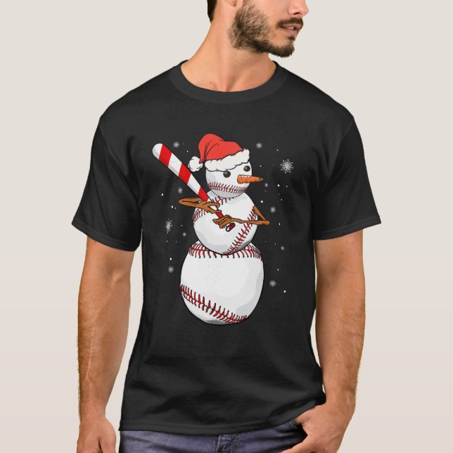 Camiseta Dia do Jogo Baseball Snowman Balls Snow Christmas  (Frente)