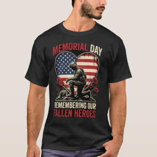 Camiseta Dia do Memorial Soldado Ajoelhado Coração Bandeira