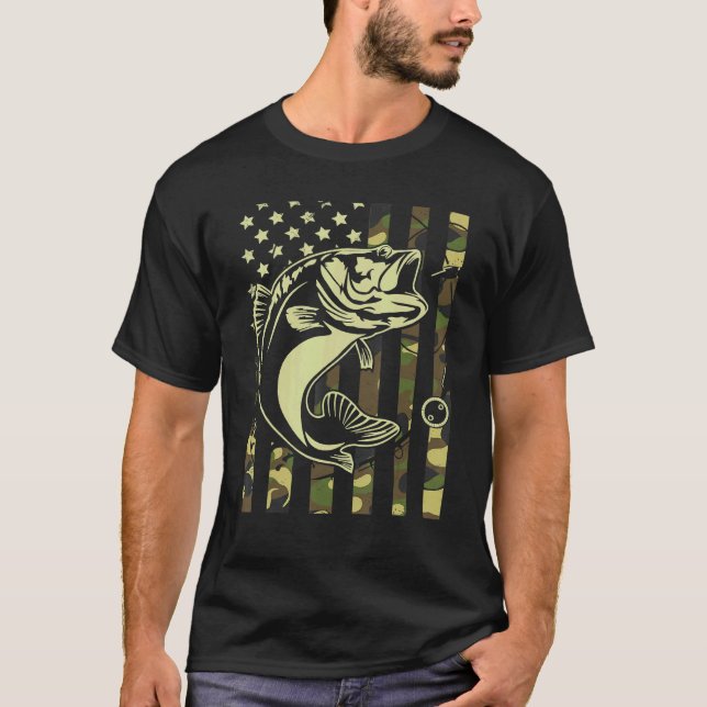 Camiseta Dia do Pai Pesca Pai Americano Camo Usa Flag Bass (Frente)