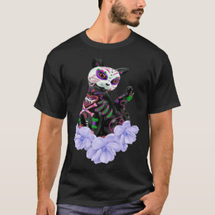 Camiseta Dia Dos Mortos Caveira de Açúcar Gato Flores Roxas