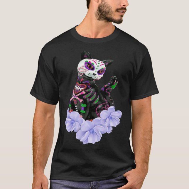 Camiseta Dia Dos Mortos Caveira de Açúcar Gato Flores Roxas (Frente)