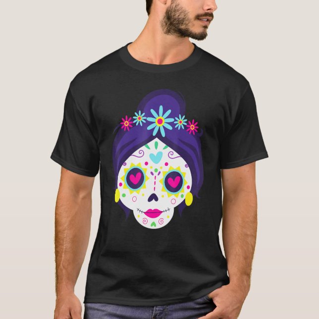 Camiseta Dia dos Mortos Latinos Mexicanos Espanhóis Mulhere (Frente)