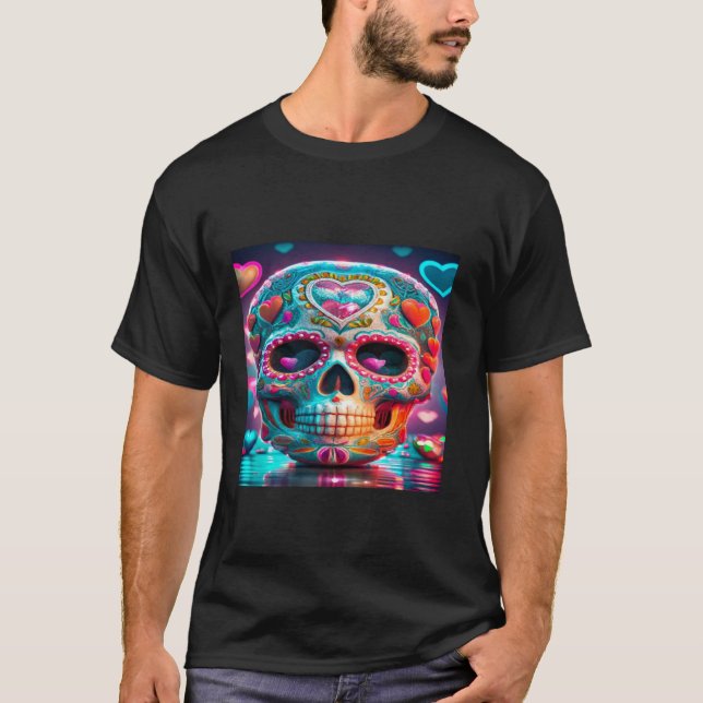 Camiseta Dia Dos Namorados De Halloween Do Crânio Do Açúcar (Frente)