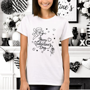 Camiseta Dia dos Namorados Querubim e Design Doodle Românti