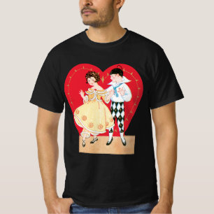 Camiseta Dia dos Namorados Retro, Arlequim Vintage e Coraçã
