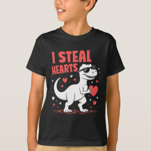 Camiseta Dia dos Namorados T-rex Roubo Corações Amor Dinoss
