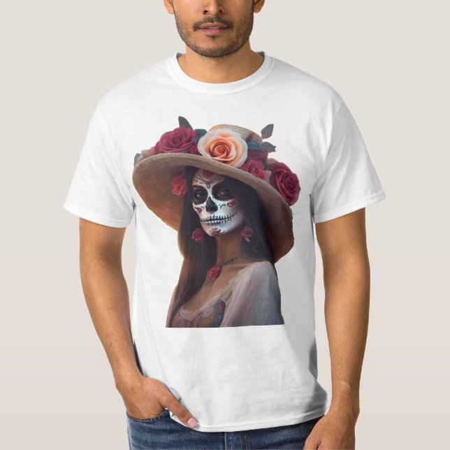 Camiseta Dia Elegante da Mulher Morta com Chapéu Floral (Frente)