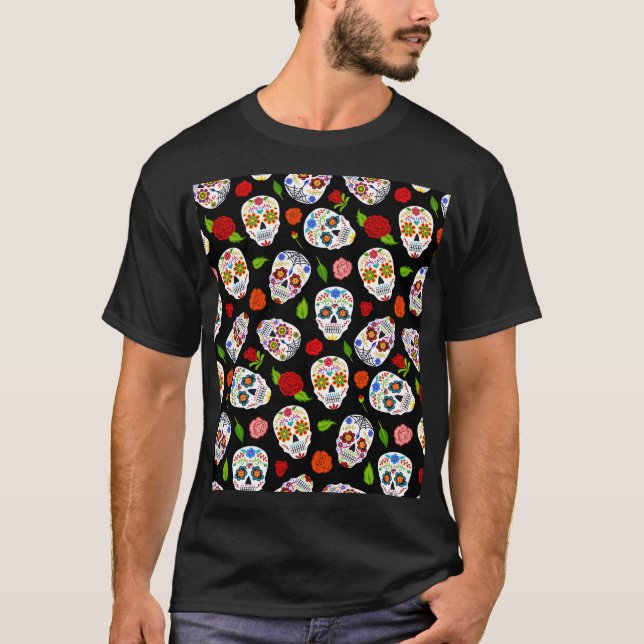 Camiseta Dia Los Muertos: padrão de crânios de açúcar. (Frente)