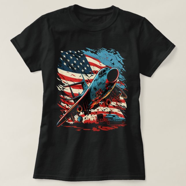 Camiseta Dia Memorial Aeronave Militar EUA Bandeira America (Frente do Design)