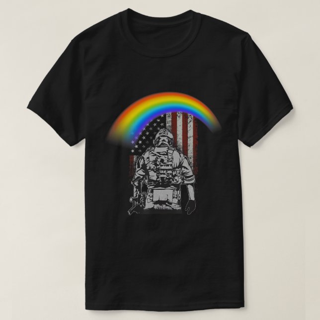 Camiseta Dia Memorial Rainbow American Flag LGBTQ Militar (Frente do Design)