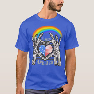 Camiseta Dia Memorial Rainbow American Flag LGBTQ Skeleton