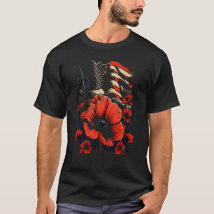 Camiseta Dia Memorial Red Poppy Flor EUA Bandeira 4 de julh